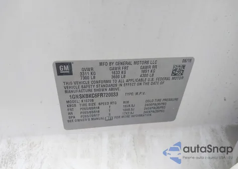 2015 Chevrolet Tahoe Lt z USA, uszkodzony, nr VIN 1GNSKBKC6FR720033